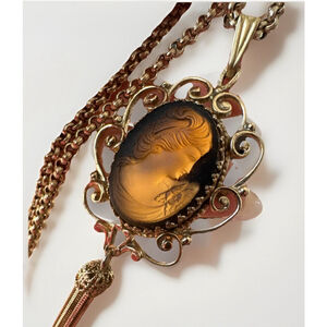 Vintage Whiting & Davis Amber Glass Glow Cameo Tassel 1950- 60s GoldTn Necklace